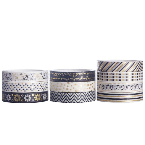 YUBBAEX 10 Rolls Sparkling Washi Tape Set 8mm Skinny Gold Foil Decorative Masking Washi Tapes for Journal,Scrapbook, Planner, DIY Crafts (Black & ...