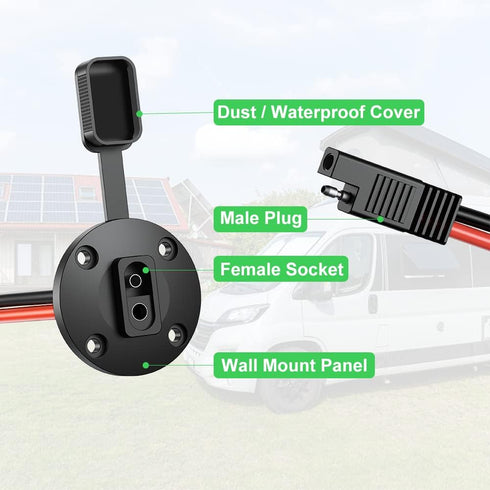 SAE Connector Power Socket Sidewall Port, 12AWG Cable Weatherproof Cable Quick Connect Panel Mount Universal Flush Mount Adapter for Solar Generat...