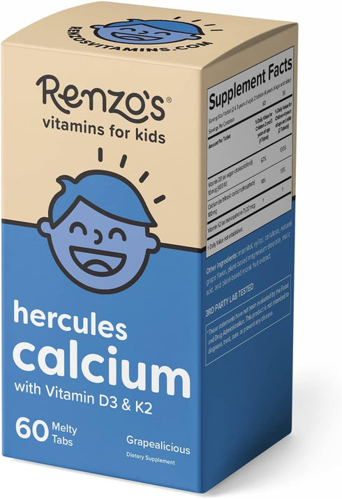 Renzo's Hercules Calcium Supplement with Vitamin D3 & K2 - Dissolvable - for Ages 2+ - Kids Vitamins - 60 Grape-Flavored Melty Tabs...