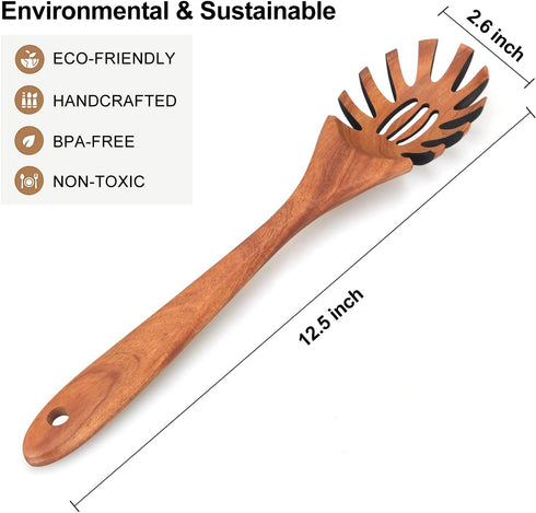 Best Wooden Pasta Spoon Spaghetti Fork 12.5 Inch Long Hand Pasta Serving Utensils Acacia Wood Spaghetti Server Spoon Pasta Forks Spaghetti Ladle P...