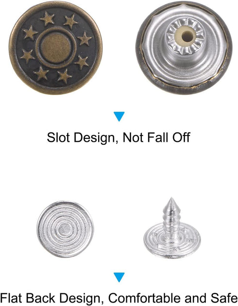 100 Sets Button Pins for Jeans, 15mm No-Sew Removable Instant Adjustable Replacement Metal Embossed Pattern Denim Jeans Buttons Pins Tightener for...