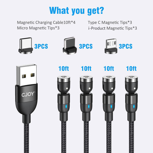 Magnetic Charging Cable(4 Pack 10ft+10ft+10ft+10ft), 540°Degree Rotation Magnetic USB Cable, Nylon Braided Magnetic Phone Charger, Charging Cable ...