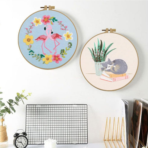 Esffaci Embroidery Starter Kit for Adult Beginner with Flamingos Love Flower Pattern Stamped Cross Stitch Set with Embroidery Cloth Hoop Needle Th...