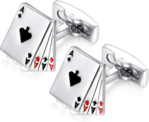 HONEY BEAR 4A Poker Playing Cards Good Luck Cufflinks for Men Shirts Steel Wedding Business Gift Silver...