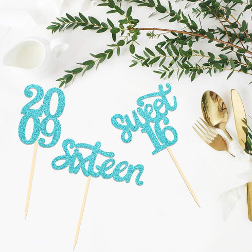 24 Pcs Sweet 16 Blue Glitter Birthday Cupcake Toppers for 16th Birthday Celebrating Party Decorations (Blue)...