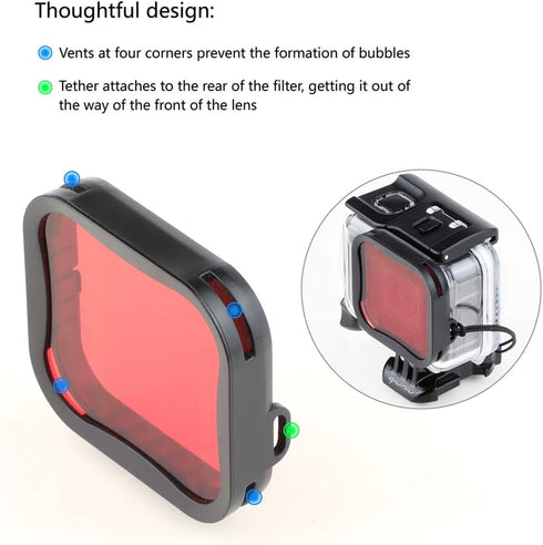 Waterproof housing case for GroPro Hero 5 6 7 Black action camera with underwater photography filters - Red, Light Red and Magenta; Straight-in De...