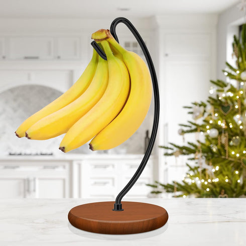 Banana Holder Stand - Newest Patented Modern Banana Hanger with Wood Base Stainless Steel Banana Tree Hook Rack for Kitchen Countertop (Black Brow...