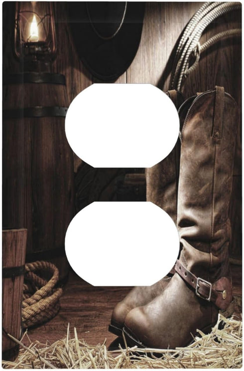 American West Themed Boots 1 Gang Outlet Covers Decorative Single Duplex Wall Plate Receptacle Switchplate Western Wood Barn Plank Farmhouse Count...