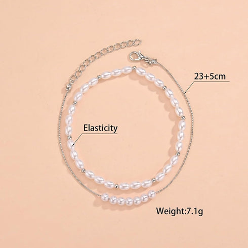 Boho Pearl Ankle Bracelet for Women Girls, Silver Double Layered Pearl Beaded Anklet Beach Foot Chain Jewelry Gifts...