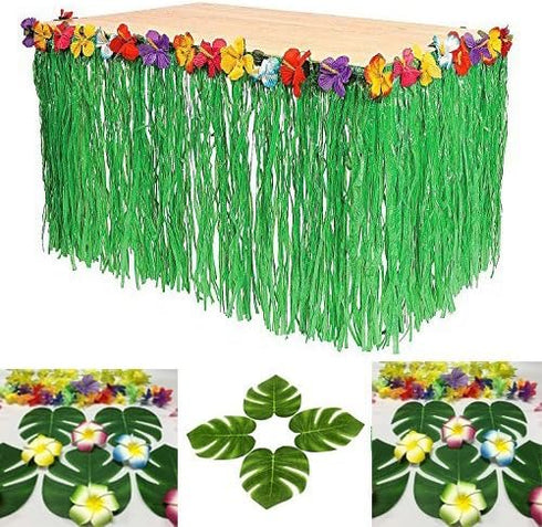 Tytroy 9ft Reusable Green Grass Hibiscus Flowers Hawaiian Luau Table Skirt Set with Bonus 12 Green Tropical Palm Leaves Perfect for Tropical Theme...