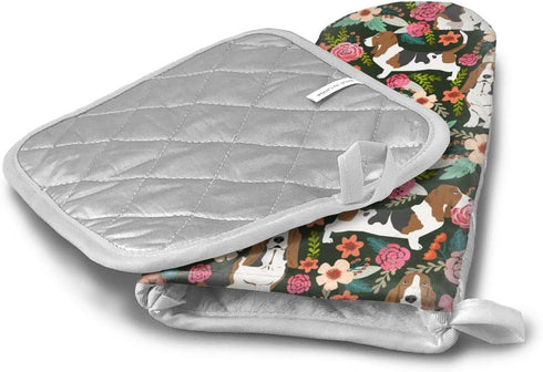 Basset Hound Florals Oven Mitts and Pot Holders, Heat Resistant Kitchen Bake Gloves Safe Mats 2 Pieces, Soft Cotton Lining with Non-Slip Surface f...