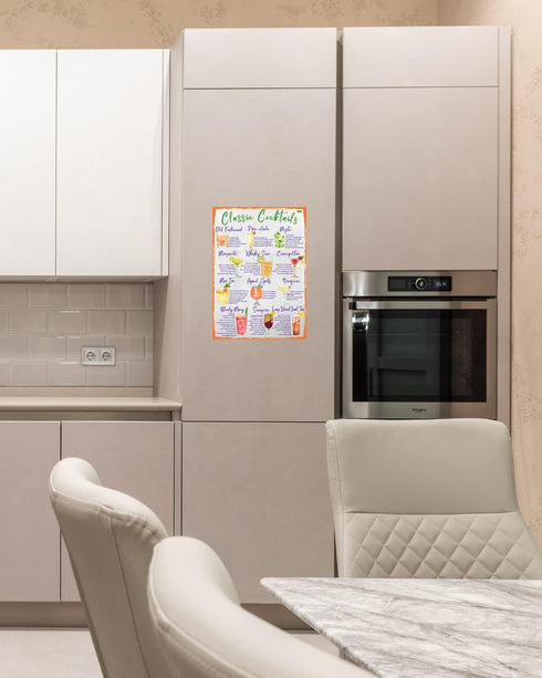 Classic Cocktails Recipes Magnetic Chart A4 Format - Kitchen Pub Wall and Fridge Decor Stylish Colourful Informative Magnet Milliliters and Ounces...