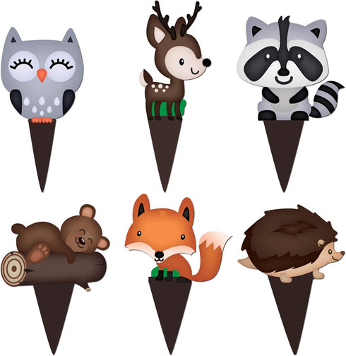 Pretty Cute Studios 48 Count Woodland Animals Cupcake and Cake Toppers – Includes 8 Owls, 8 Teddy Bears, 8 Raccoons, 8 Hedgehogs, 8 Foxes, and 8 R...