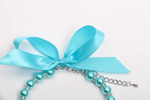 Dog Cat Pearls Necklace Collar with Bling Accessories and Ribbon Bow Pet Puppy Jewelry for Female Dogs Cats Small Medium (S, Blue)...