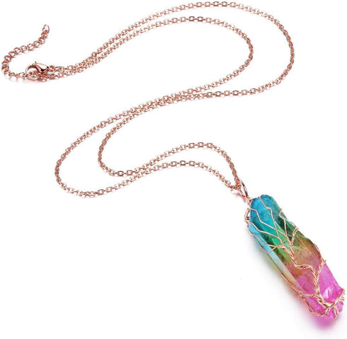 PESOENTH Crystal Necklace Life Tree Rainbow Quartz Gemstone Healing Stone Rose Gold Wire Wrap Necklace Crystal Jewelry Spiritual Gifts for Women...