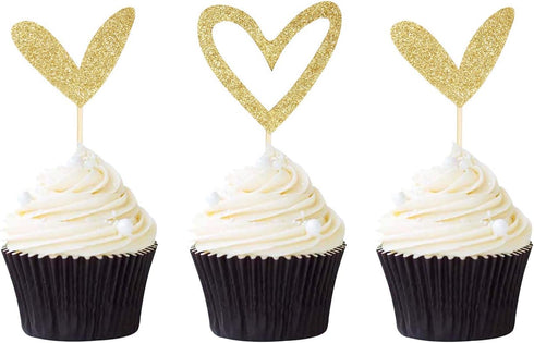 24 PCS Gold Glitter Heart Cupcake Toppers Cute Design Love Cupcake Toppers for Wedding Bridal Anniversary Baby Shower Party Decorations Supplies...