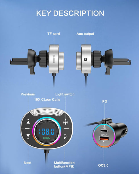 Bluetooth Car Adapter, Fast Charging, 7 LED Colors, AUX Output, U Disk Support, Bluetooth Transmitter, Hi-Fi Bass Sound, FM Radio, Handsfree Calls...