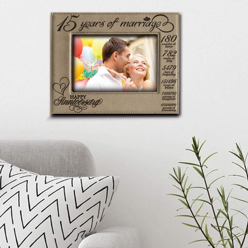 BELLA BUSTA-15 Years of marriage-Happy Anniversary-15th Anniversary- Engraved Leather Picture Frame (5 x 7 Horizontal) light brown...