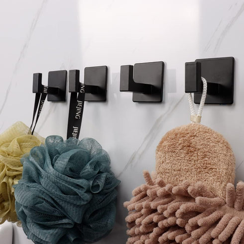 Bath Towel Hook,4 Pack Self Adhesive Square Coat Hooks, Sturdy No Drilling Robe Hook, Stainless Steel Heavy Duty Clothes Hanger, Wall Hooks for Ba...