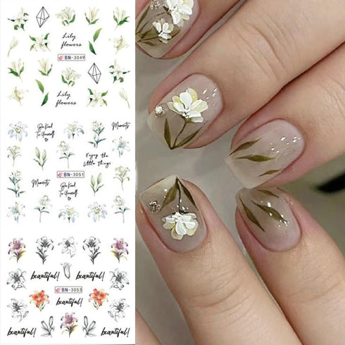 Flowers Nail Art Stickers 12 Sheets Spring Nail Decals Blooming Lily Floral Water Transfer Nail Stickers for Women Girls Summer Flower Nail Art Su...