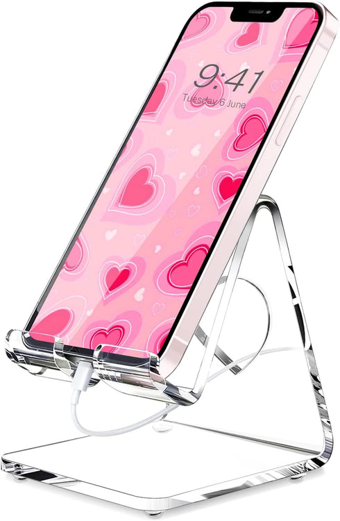 Crpich Acrylic Cell Phone Stand, Portable Phone Holder, Clear Phone Stand for Desk, Compatible with Phone15 14 13 Pro Max Mini 12 11 Plus SE, Swit...