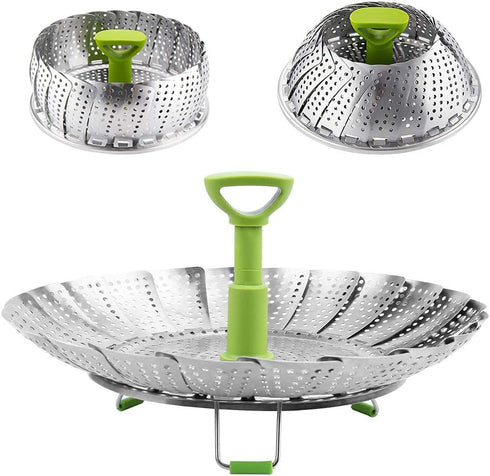 Vegetable Steamer Basket, Stainless Steel Folding Steamer with Extending Removable Center Handle Insert for Veggie Seafood Cooking to Fit Various ...