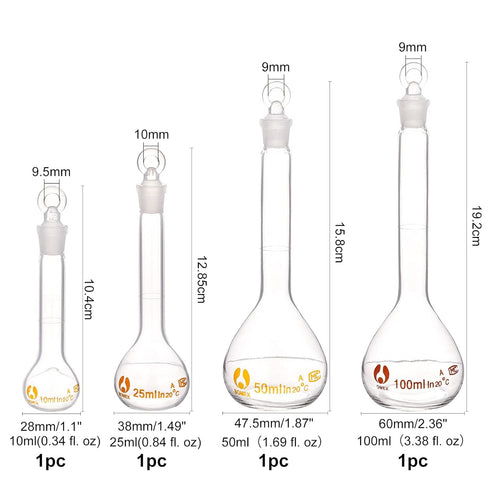OLYCRAFT 4pcs Volumetric Flask 10ml/25ml/50ml/100ml Volumetric Flask Set with Glass Cap Durability & Chemical Resistance Glass Bottle for Laborato...