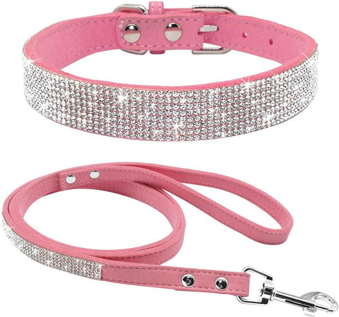 Cute Dazzling Sparkling Elegant Fancy Soft Suede Leather Bling Rhinestone Crystal Jeweled Pet Cat Dog Puppy Collar Dog Leash Combo Set (L(Neck 15-...