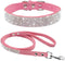 Cute Dazzling Sparkling Elegant Fancy Soft Suede Leather Bling Rhinestone Crystal Jeweled Pet Cat Dog Puppy Collar Dog Leash Combo Set (L(Neck 15-...