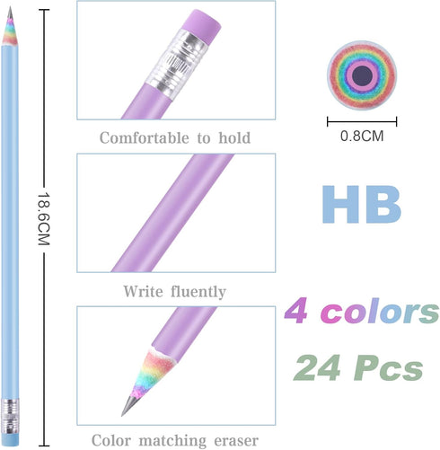 24PCS Eco-friendly Wood & Plastic Free Recycled Rainbow Paper Pencils #2 HB Pencils Number 2 Pencils Erasers Toppers with 2 Pencil Sharpener, Maca...