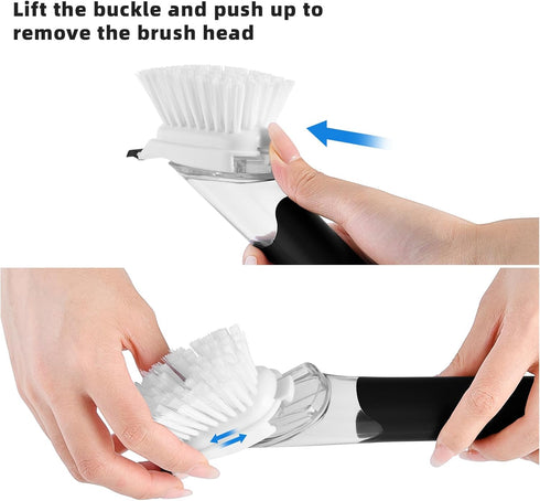 SUBEKYU Dish Brushes with Soap Dispenser, Kitchen Dish Scrubber Brushes with Handle, Dishwashing Cleaning Scrubbers for Dishes/Pans/Pots, Black, 2...