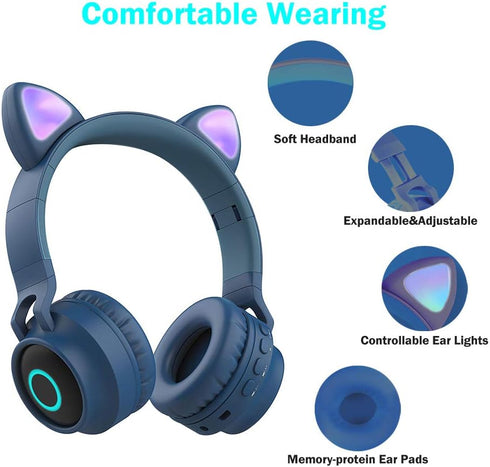 Kids Bluetooth Headphones,Wireless Over-Ear Headphones with Microphone,Cat Ear Headset with SD and TF Slot,Stereo Sound,Wireless and Wired Mode fo...