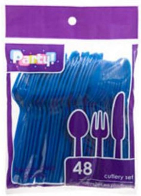 Blue Heavy Duty Plastic Cutlery Sets - 32 Spoons, 32 Forks, 32 Knives - 2 packs of 48 each, 96 pcs total...