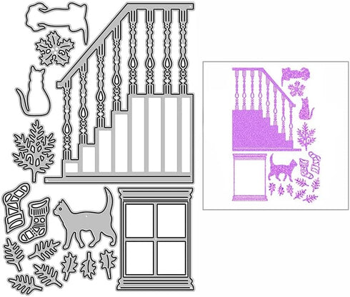 Window Stairs Dog Cat Metal Die Cuts, Window Stairs Dog Cat Cutting Dies Cut Stencils DIY Scrapbooking Cards Decorative Embossing Paper Dies for A...