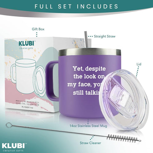 KLUBI Funny Mugs for Women- Yet Despite the Look on My Face Purple 14oz Stainless Steel Coffee Tumbler with Lid - Cute Idea for Sarcastic, Sarcasm...