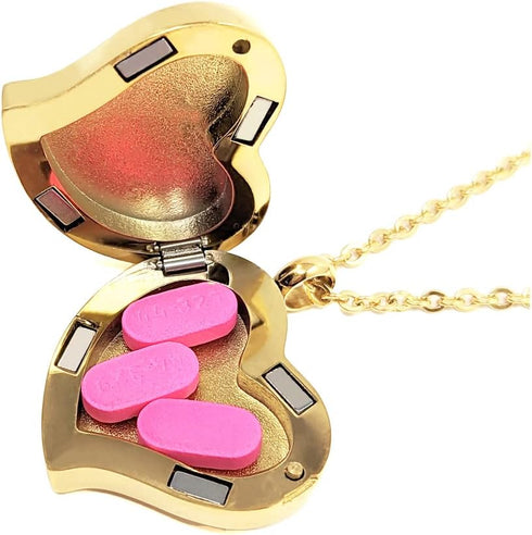 Amour Heart Pill Necklace - Polished Heart Locket with Strong Magnetic Closure - Medication Necklace - Keep Your Medication Securely with You at A...