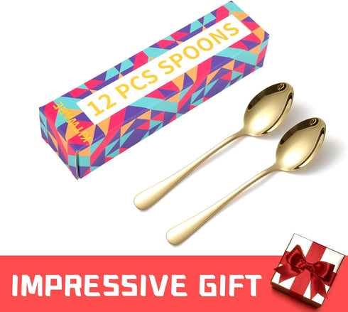 Gold Soup Spoons, Set of 12 pcs Dinner Spoon Silverware, 6.8 inch Stainless Steel Flatware, Home Kitchen Utensil Cutlery, Mirror Polished Tablewar...