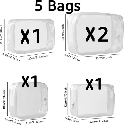 5 Pack Clear Plastic Zippered Toiletry Carry Pouch TSA Approved Toiletry Bag Portable Cosmetic Makeup Bag for Vacation, Bathroom and Organizing (W...