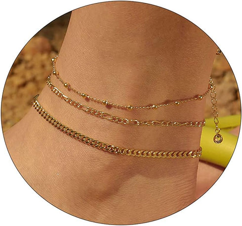 Gold Layered Cuba Figaro Chain Beads Anklets Dainty Gold Anklet for Women Teen Girls Cute Tiny Beads Ankle Bracelets Minimalist Summer Beach Foot ...