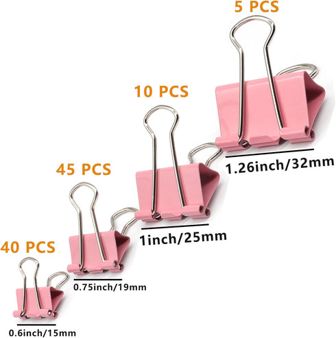 Binder Clip Paper Clamps, Assorted Sizes (Mini, Small, Medium, Large), 100 Pcs Clips for Office School Supplies (Pink)...