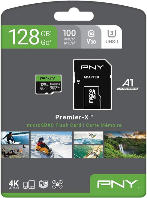 PNY 128GB Premier-X Class 10 U3 V30 microSDXC Flash Memory Card - 100MB/s, A1, 4K UHD, Full HD, UHS-I, micro SD, Black...