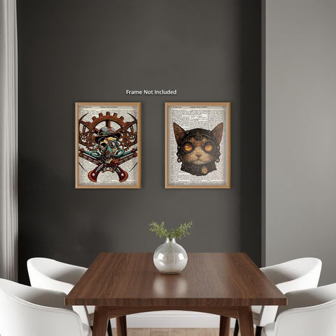 Posterizer 2 pcs-Steampunk Gothic Skull and Cat Dictionary Art-Retro Art-Art for Animal Lovers-Gift for Steampunk or Goth Fans-Living Room Bedroom...