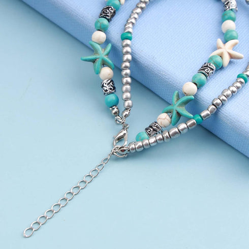 Boho Starfish Anklet Bracelet Sea Turtle Turquoise Chain Anklet Layered Turtle Pendant Ankle Bracelets Beach Blue Beads Foot Chain Jewelry for Wom...