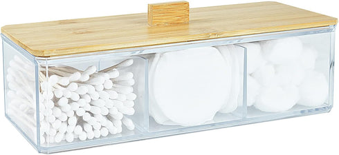 Acrylic Qtip Holder Dispenser with Wood Lid, 3 Compartment Cotton Ball Holder, Bathroom Organizer for Q Tip, Cotton Swab and Cotton Pad Holder, Va...