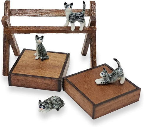 ChangThai Design Tiny ½ Inch Gray Tabby Cat Set 4 Pieces - Miniature Hand Made Ceramic Cats Kittens Kitty Feline Animals Cute Porcelain Decorative...