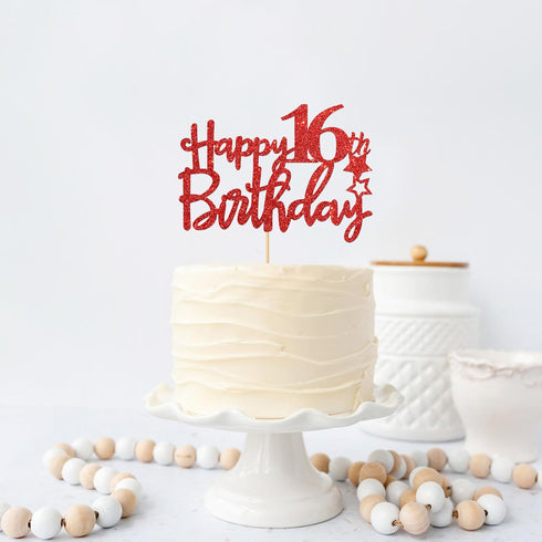 Red Glitter Happy 16th Birthday Cake Topper - Sixteen Sign Cake Topper - Cheers to 16 Years Party Supplies - 16th Birthday Party Decorations...