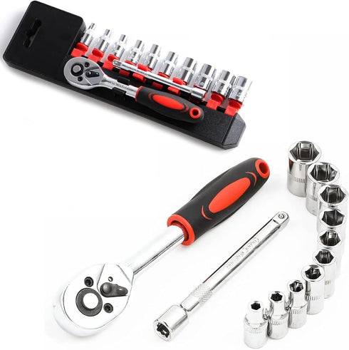 1/4 Inch Ratchet Socket Wrench Set, Metric Socket Set with Quick Release Reversible Ratchet Wrench and Extension Bar, Metric SAE Mechanic Tool Kit...