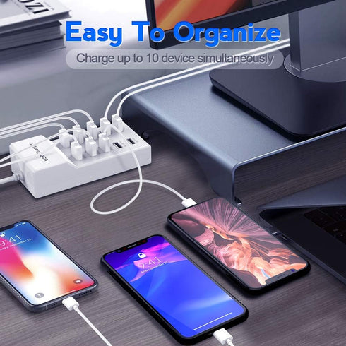 USB Charger Station Block with Rapid Charging Auto Detect Technology Safety Guaranteed 10-Port Family-Sized Smart USB Ports for Multiple Devices S...