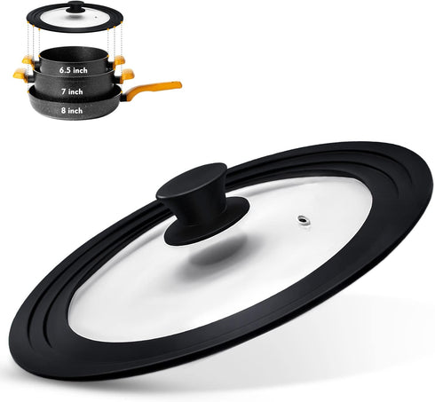 Universal Lid for Pots, Pans and Skillets, Pot Lid With Heat Resistant Silicone Rim and Tempered Glass,Fits 6.5", 7", 8" Diameter Pots and Pans...