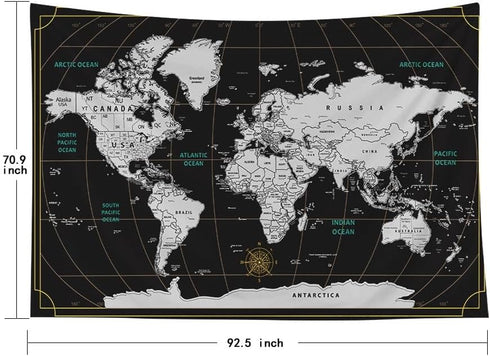 CAPSCEOLL World Map Tapestry Wall Hanging Black White Large Map Tapestry Home Décor for Bedroom 92.5X70.9 Inch...